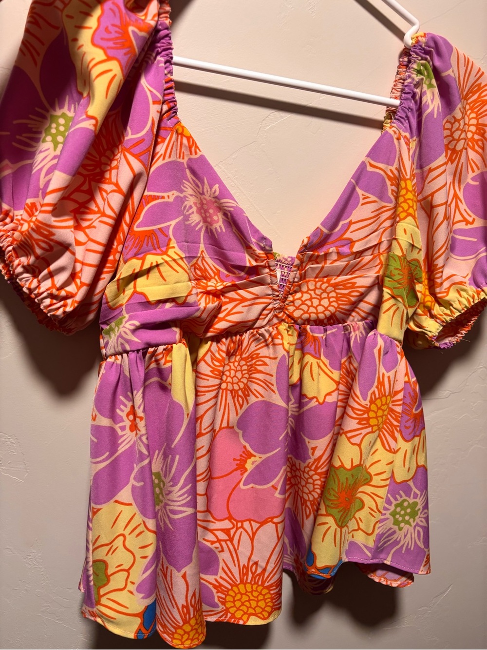 entro Floral Puff-Sleeve Tunic in Purple, Orange & Yellow